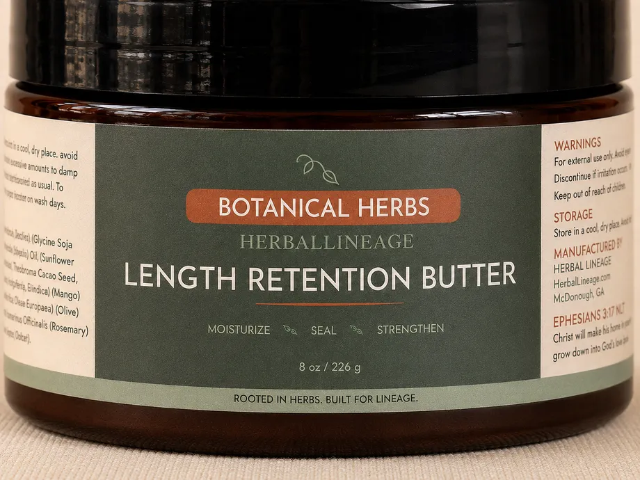 Length Retention Butter amber jar, green label with terracotta Botanical Herbs badge, on cream linen