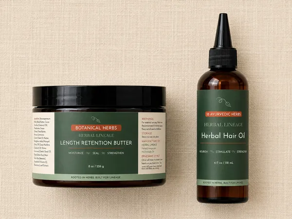 Repair and Retain Growth Bundle flat-lay: Length Retention Butter jar and Herbal Hair Oil bottle on cream linen